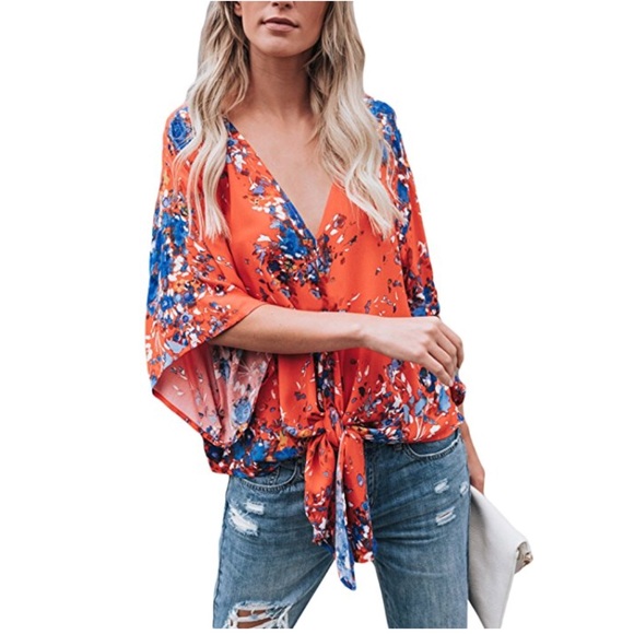 Tops - women short sleeve floral chiffon blouse